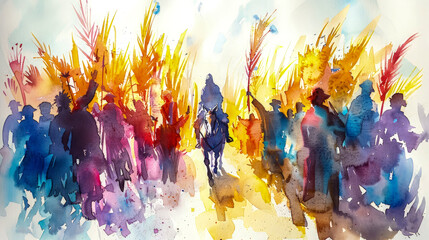 Fototapeta premium Jesus riding a donkey into Jerusalem. People holding palm branches while cheering. Colorful watercolor illustration. Religious concept. Copy space.