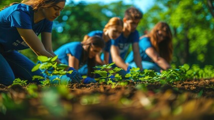 Fototapeta premium Community members engage in planting strawberries during a sunny afternoon in a vibrant urban garden