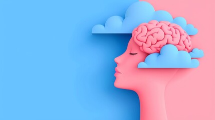 A head depicted in paper-cut style with swirling motifs symbolizes thoughts and emotions using pastel shades.