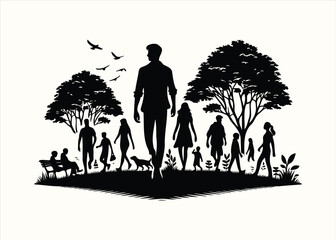 Silhouettes of People Walking in a Park at Sunset, Perfect for Urban Lifestyle Themes, Outdoor Wellness Ads, Nature Conservation Campaigns, Community Bonding Posters, and Inspirational Designs