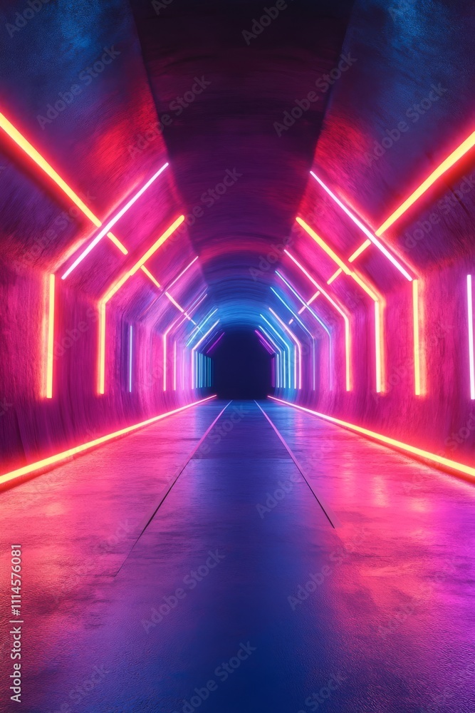 Poster explore a vibrant tunnel illuminated by neon lights, creating an immersive atmosphere that captivate