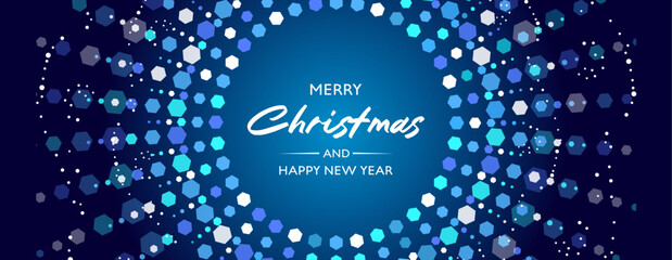 Festive blue background with light decoration. Christmas luxurious template with sparkling garlands and snowflakes.