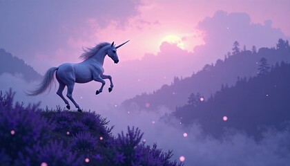 Naklejka premium Majestic Unicorn Leaping Over Purple Hills at Sunset in Fantasy Landscape