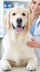 Golden retriever sits happily on a table at a veterinary clinic while a smiling veterinarian assesses its health