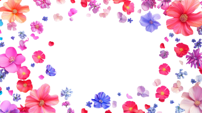 Colorful flower-themed banner frame against transparent background for invitations, seasonal promotions, or vibrant design elements