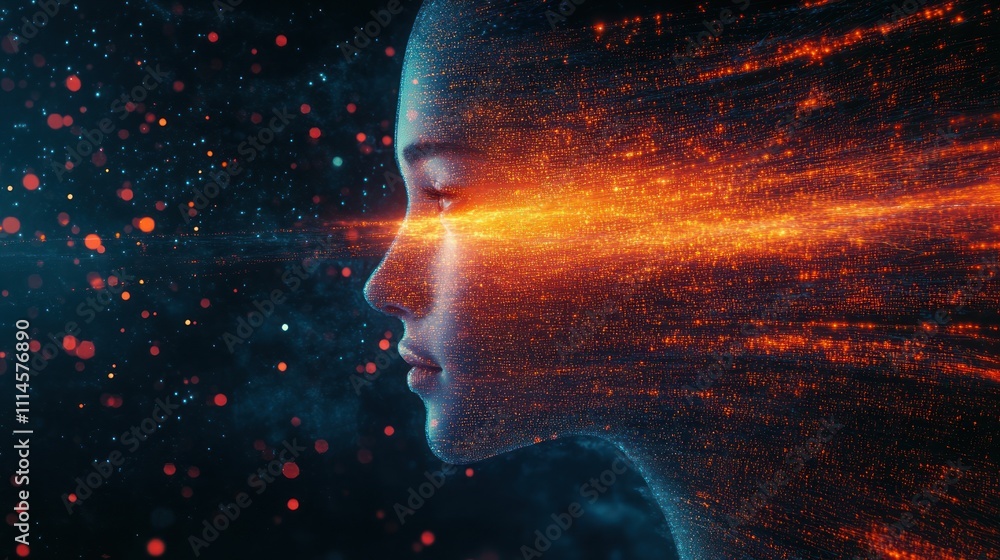 Aufkleber Digital Portrait Of A Woman Emerging From Data Streams