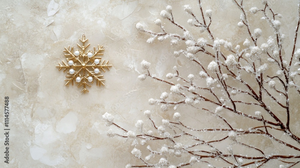 Poster golden snowflake ornament with snowy branches on beige background