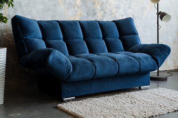 A beautifully designed living room features an eyecatching electric blue couch on a plush rug, complemented by an exquisite lamp that enhances the warm, inviting ambiance