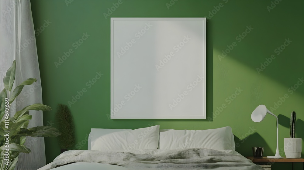 Canvas Prints A blank white frame mounted on a bold green wall, with soft neutral bedding and modern bedside decor