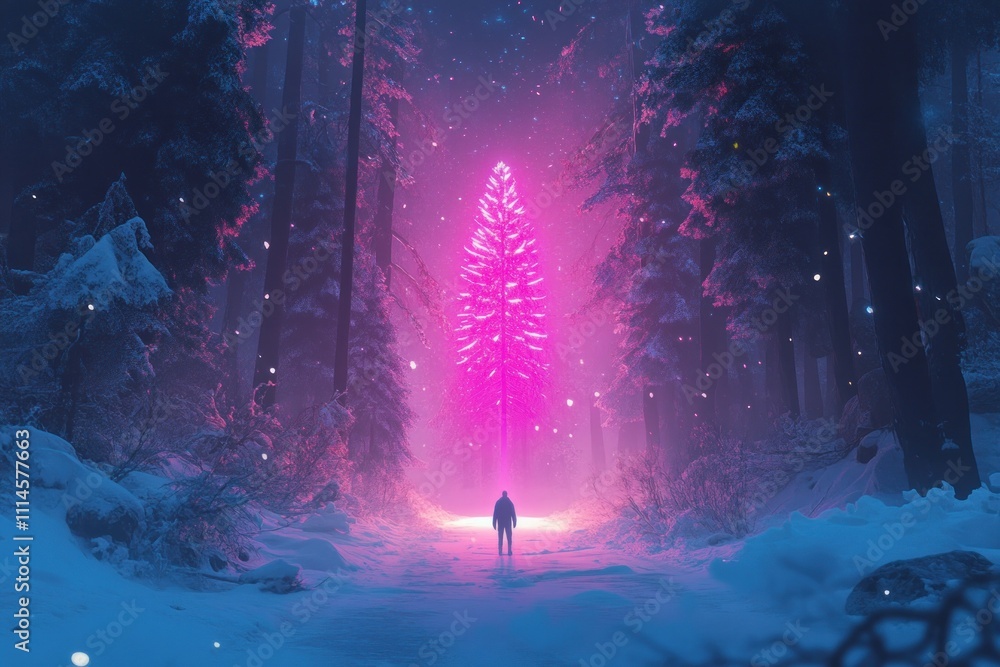 Poster person walking towards a pink illuminated tree in a snowy forest