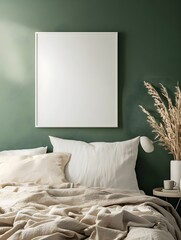 A blank white frame mounted on a bold green wall, with soft neutral bedding and modern bedside decor