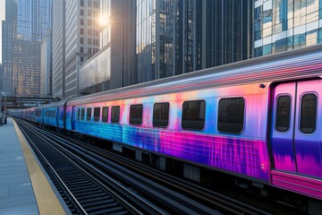 Fototapeta premium Vibrant commuter train with a colorful livery is passing through a modern city during sunset