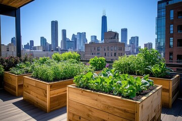 Urban rooftop gardening growing fresh vegetables with chicago skyline view