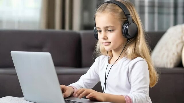 4K footage of a young girl working on a laptop in a neat room at home. Using a distance educational system
