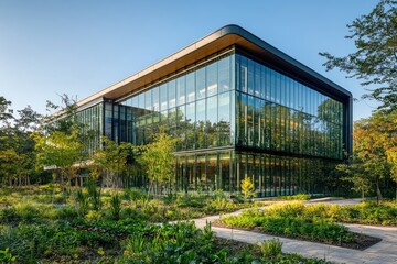 Obraz premium Modern glass office building with green landscaping reflecting sustainability