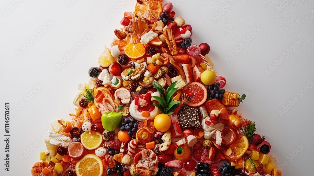 Poster a bold display of food items shaped like a tree, floating against a white backdrop, evoking holiday 