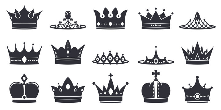 Black crowns silhouettes. Symbols of royal power. Kings headwear. Queens diadem. Prince gold headdresses with gemstones. Majestic coronas. Jewel luxury tiara icon. Recent vector set