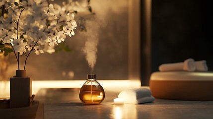 A serene spa setting featuring an essential oil diffuser, towels, and floral decor.