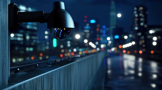 Nighttime Cityscape with Security Camera Overlooking Urban Street and Glowing City Lights in Blurred Background for Surveillance and Safety Themes