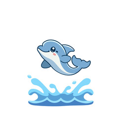 Fototapeta premium Vector illustration of a blue cartoon dolphin in a jump on a white background 