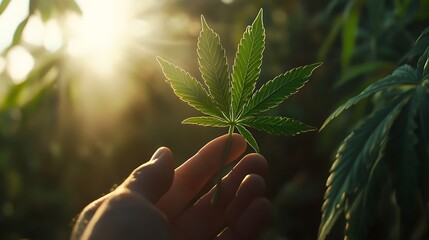 A hand holding a cannabis leaf in a sunlit setting among green plants.