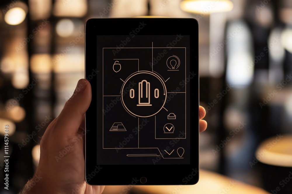 Poster man is holding a tablet displaying a home automation system interface, controlling various aspects o