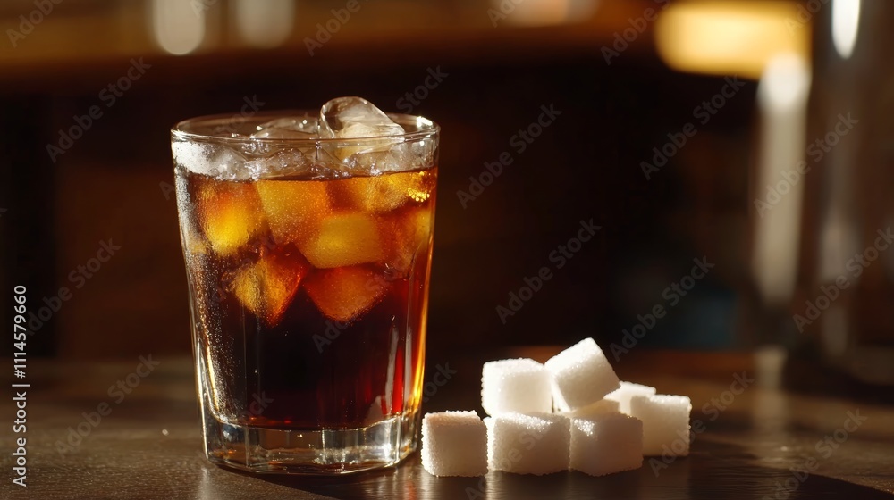 Poster glass of iced soda with ice cubes placed on a bar counter next to a pile of sugar cubes, highlightin