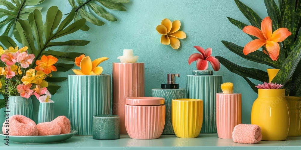 Poster vibrant decor showcase with colorful botanical elements and decorative containers in a bright settin