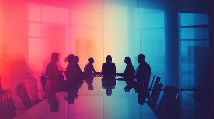 Fototapeta premium Business team meeting in a modern office, vibrant colors, creative background, silhouettes of people sitting around a table with laptops and documents on it, colorful gradient glass walls,