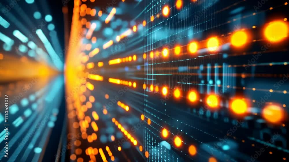 Poster motion of glowing data streams illustrating technology and digital transformation in a futuristic en