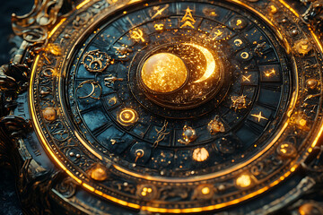 Fototapeta premium A mystical, intricately designed totem featuring the 12 zodiac signs in a circular arrangement. 