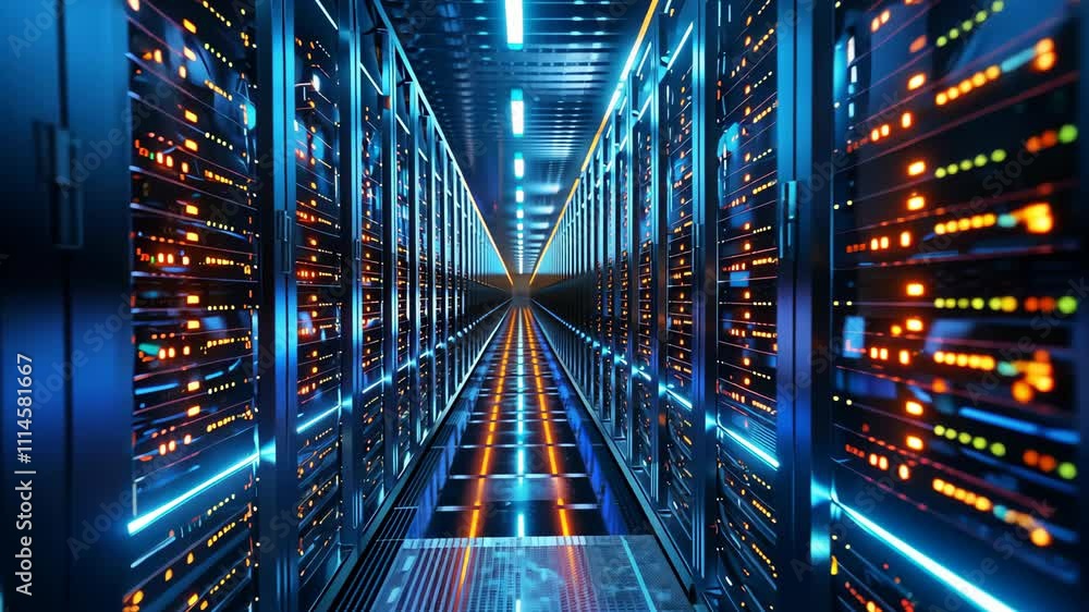 Poster data center tour showcasing advanced server technology and illuminated infrastructure