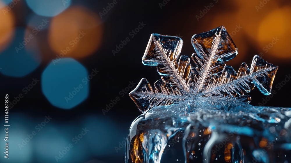 Poster a snowflake is on top of a block of ice