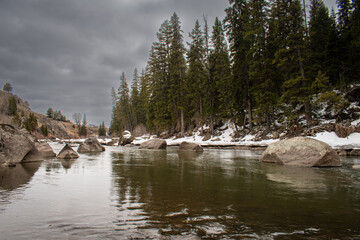 Winter skies along Lamar River, Yellowstone National Park.