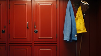 Exploring vibrant colors of a gym locker with sports gear and personal items.