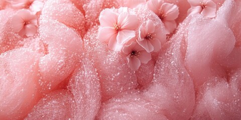 Fototapeta premium Soft pink foam swirls with delicate cherry blossoms creating a serene and dreamy atmosphere in a tranquil setting