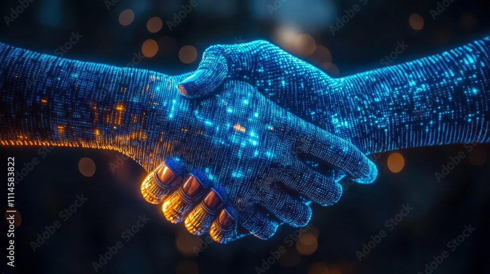 Poster digital blue handshake with binary code symbolizing ai in business transactions