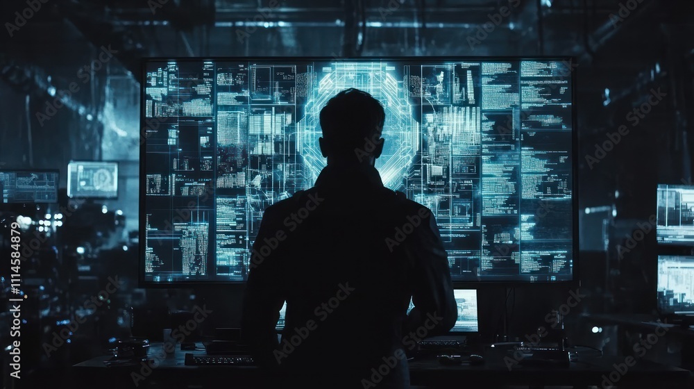 Poster A lone programmer analyzes complex code on a large screen