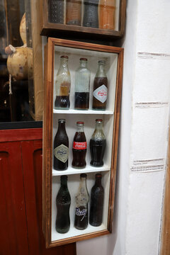 
Collection of old soda bottles: Coca Cola, Pritty, Bidu. Drinks.