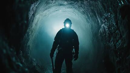 Silhouette of a miner with a headlamp standing in an underground tunnel. Mining and exploration...