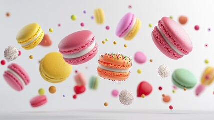 Fototapeta premium A whimsical collection of floating desserts, featuring colorful macarons and cakes against a bright white backdrop, perfect for sweet imagery.