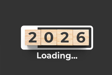 2026 wooden cubes on black background with loading bar