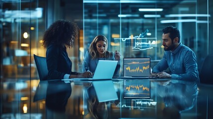 A diverse group of professionals gather around a table, analyzing data on their laptops.