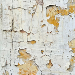 Obraz premium A wall with layers of peeling paint showcases a mix of white and yellow textures, creating a rustic appearance in an urban setting during daylight