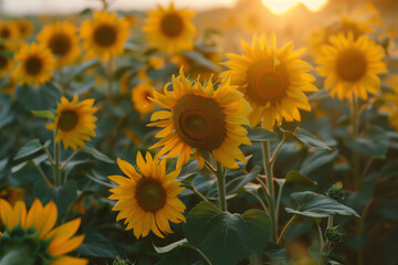 Fototapeta premium A field of bright sunflowers stretches toward the horizon as the sun sets, casting a warm glow and creating a serene atmosphere among the blooming flowers