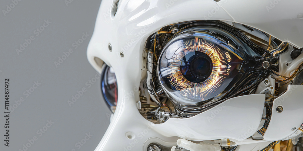 Poster close up of futuristic robotic eye showcases intricate mechanical details and advanced technology, highlighting blend of artificial intelligence and human like design