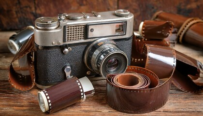 낡고 빛바랜 가죽 케이스에 보관된 고전적인 필름 카메라와 흩어진 필름 롤들