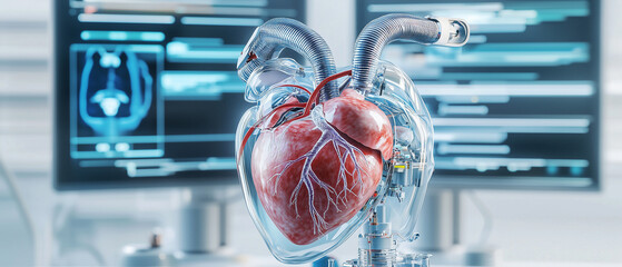 detailed anatomical illustration of human heart replaced by mechanical device, showcasing advanced medical technology in clinical setting