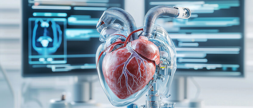 detailed anatomical illustration of human heart replaced by mechanical device, showcasing advanced medical technology in clinical setting