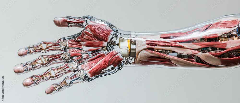 Poster sleek prosthetic arm merges anatomy and technology, showcasing intricate muscle structures and advan